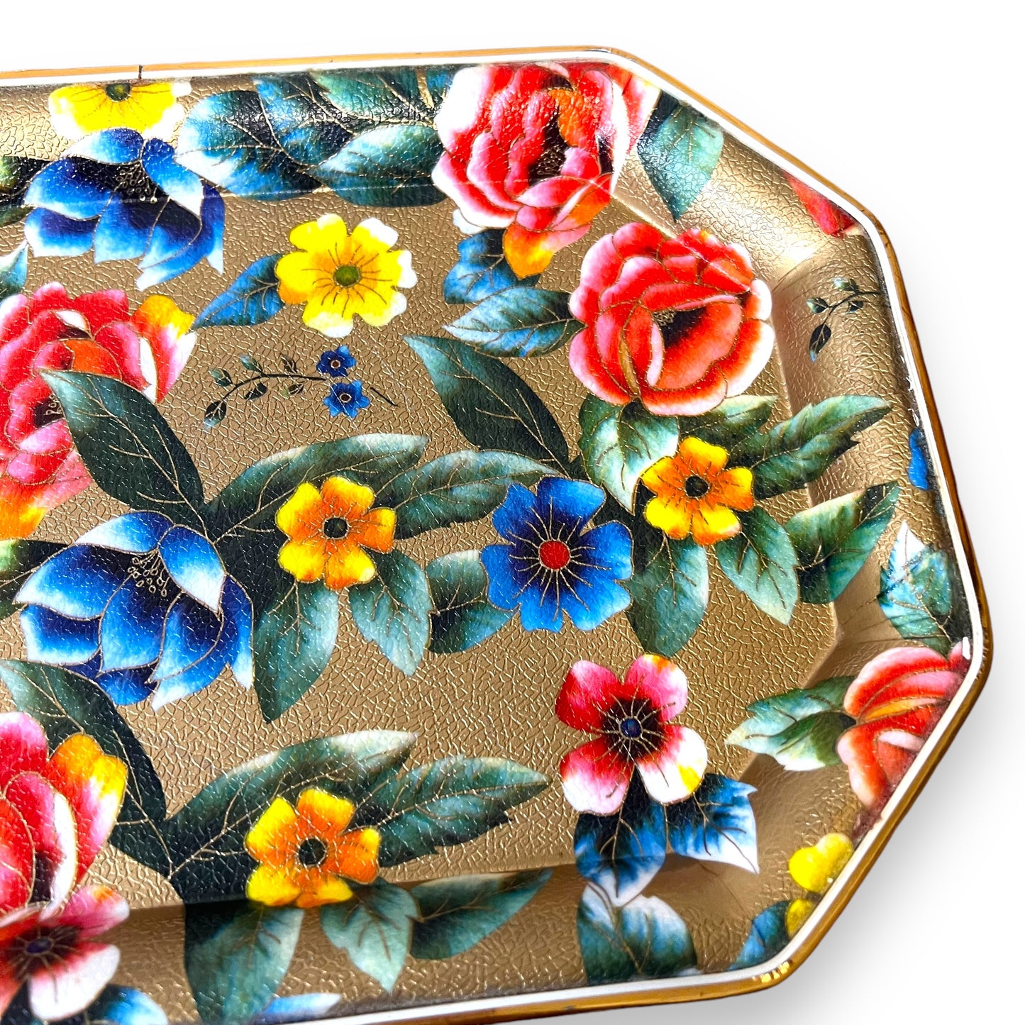 Floral Gold-Toned Metal Serving Tray - Vibrant Flower Pattern, Octagonal Shape