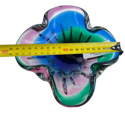 Green,pink & blue art glass dish