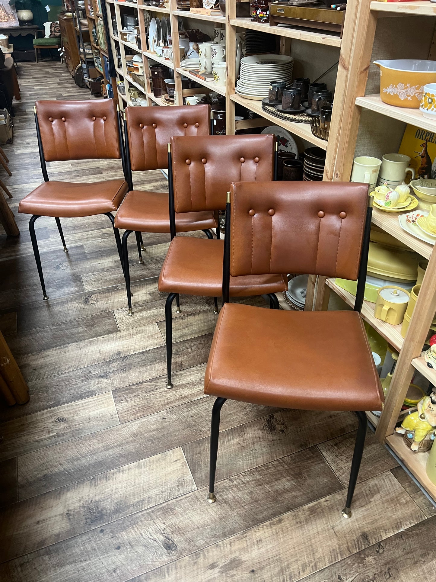 Set of 4 Mid Century Brown Vinyl Dining Chairs with Black Metal Frames