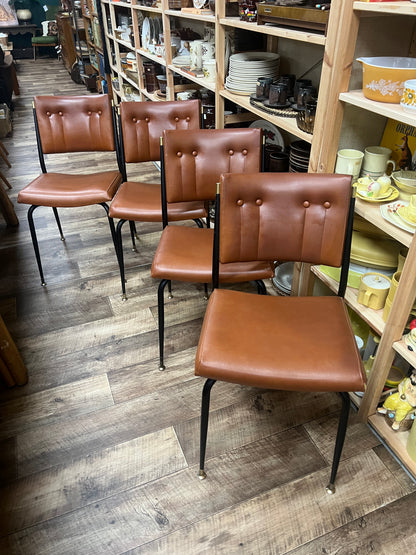 Set of 4 Mid Century Brown Vinyl Dining Chairs with Black Metal Frames