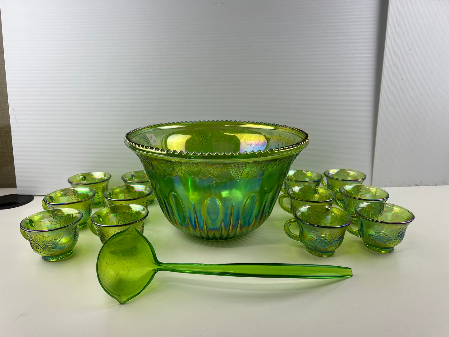 Green Carnival Glass Punch Bowl Set – 12 Cups, Ladle & Hooks