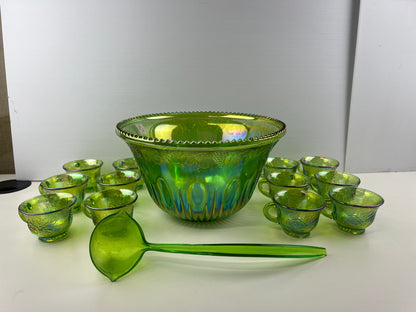 Green Carnival Glass Punch Bowl Set – 12 Cups, Ladle & Hooks