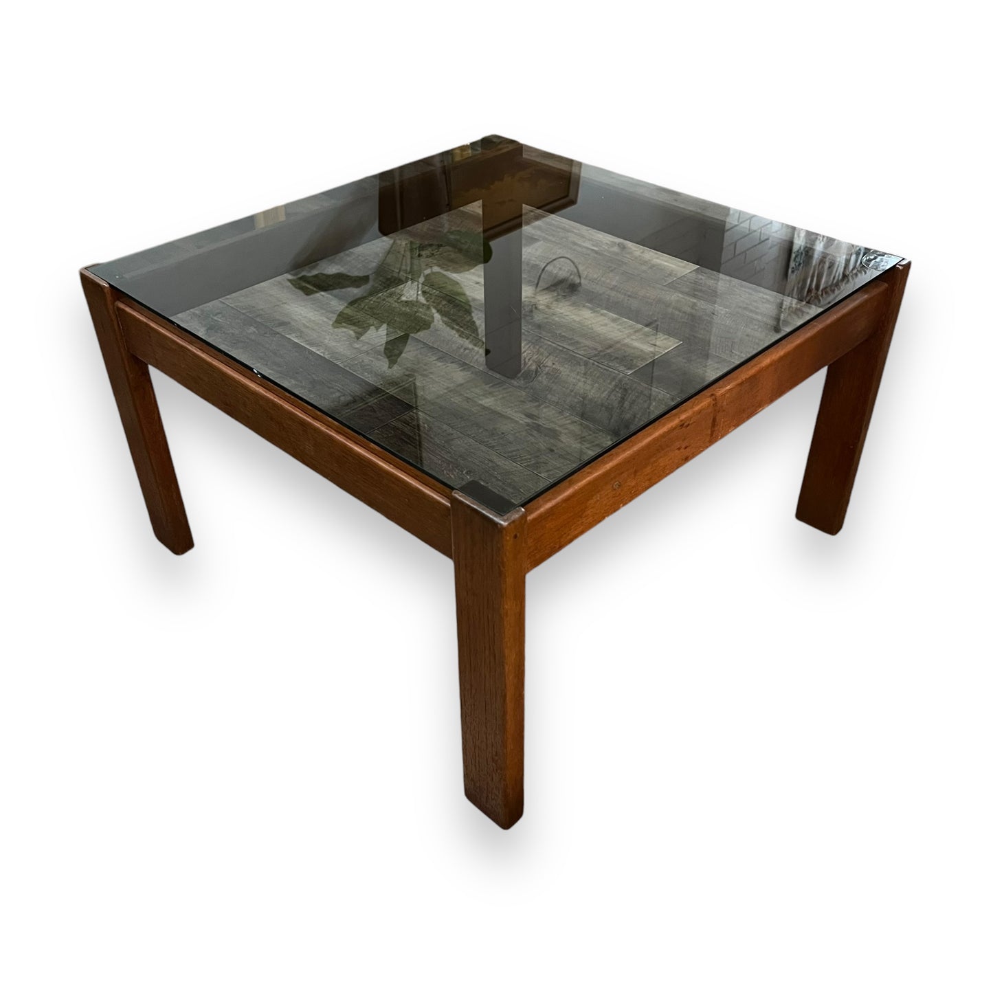 Square wooden frame coffee table with smoky glass top