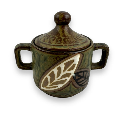 Pottery Leaf Dark Green Sugar Bowl with Lid - Made in Japan