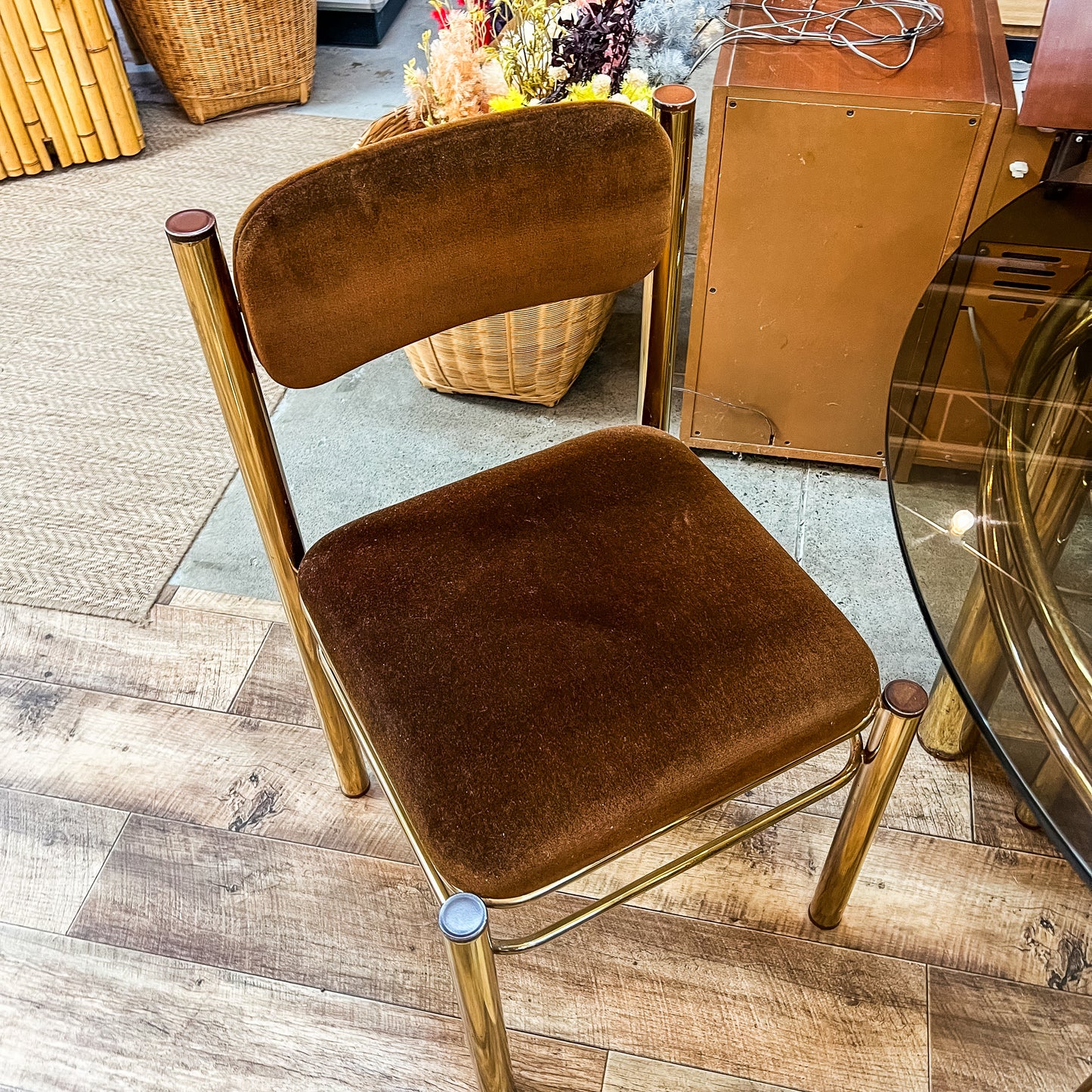 Brass & Smoked Glass Dining Table with 6 Chairs 