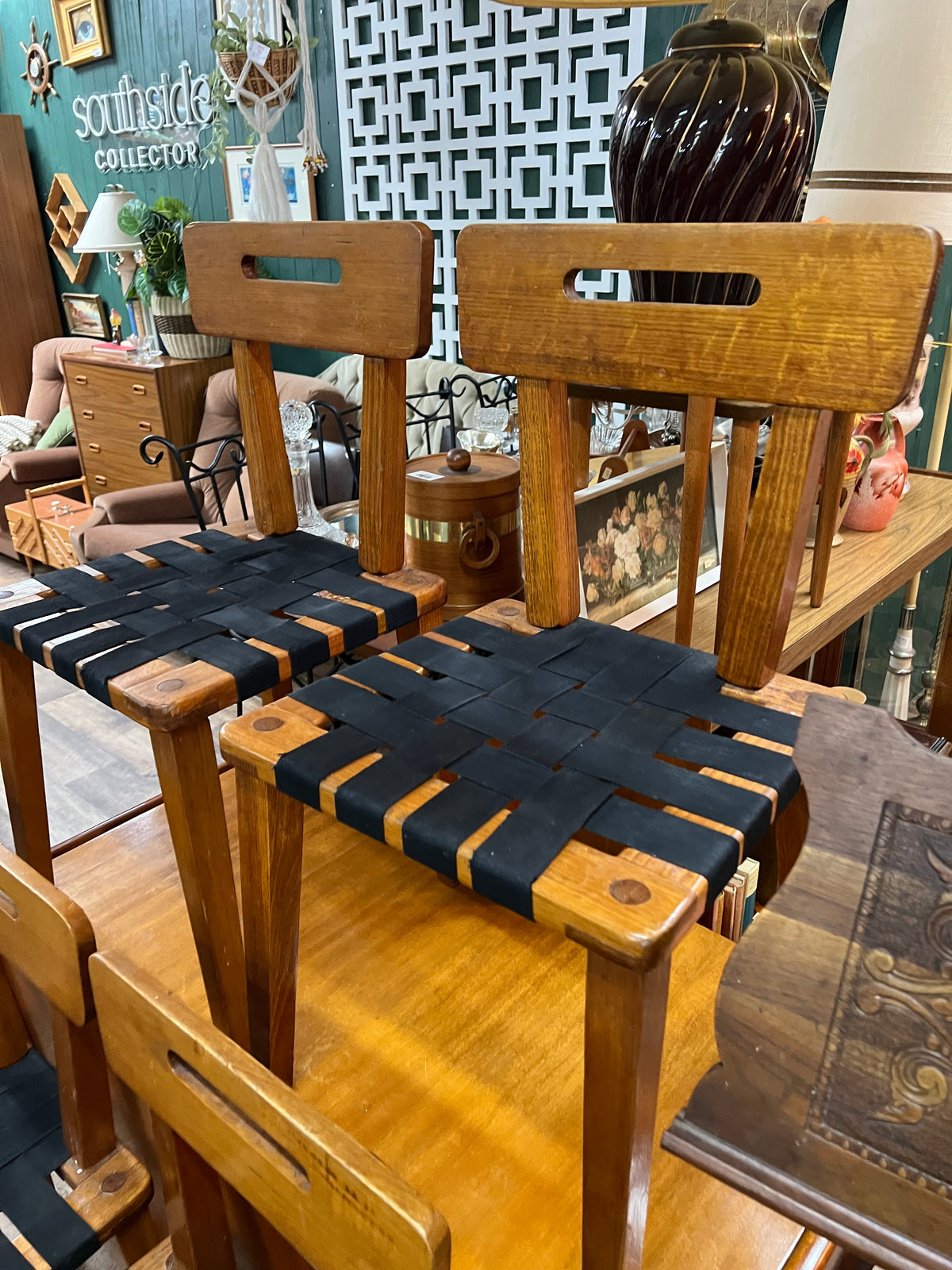 Set of 4 Vintage Timber Dining Chairs with Black Woven Strap Seats
