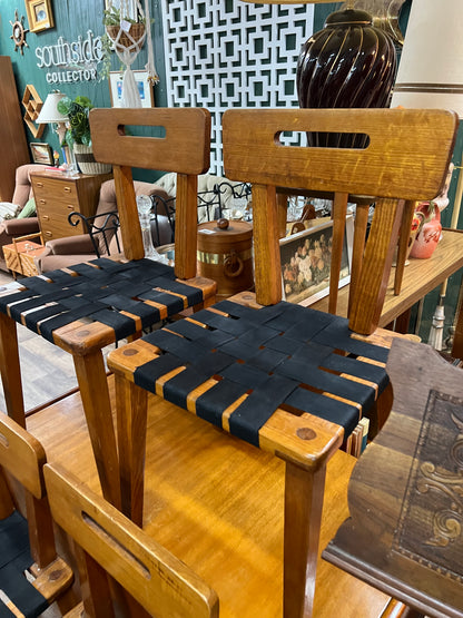 Set of 4 Vintage Timber Dining Chairs with Black Woven Strap Seats