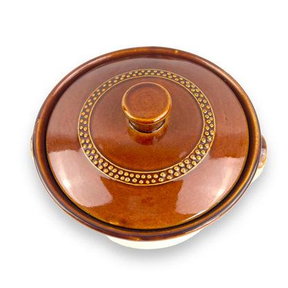 Brown stoneware pot and lid
