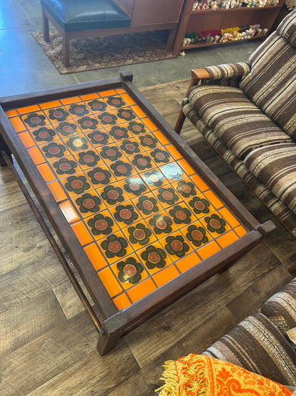Retro Tile-Top Coffee Table – Orange & Brown Floral Ceramic Tiles