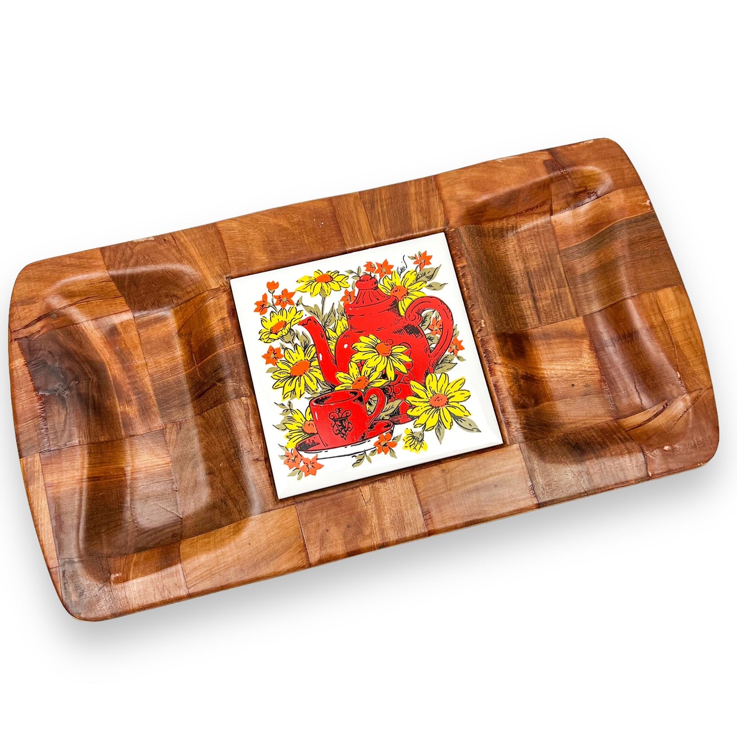 Mid Century Snack Tray, Woven Wood Tray, 1970s Nibble Tray with Ceramic Tile, Made in Taiwan, Vintage Cheese Board
