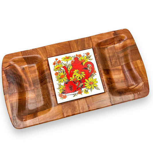 Mid Century Snack Tray, Woven Wood Tray, 1970s Nibble Tray with Ceramic Tile, Made in Taiwan, Vintage Cheese Board