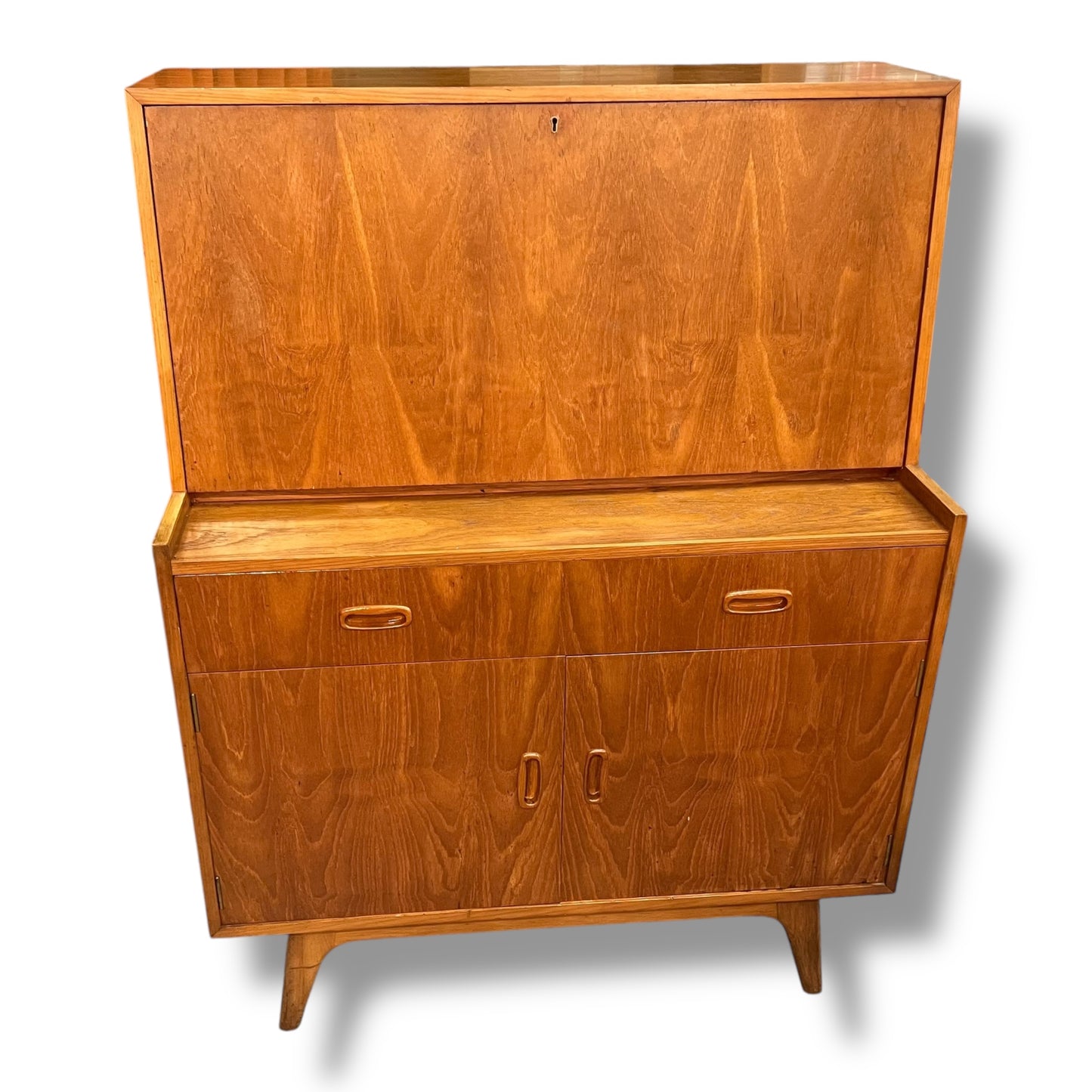 Mid-Century Teak Veneer Bureau Writing Desk & Bar Cabinet by Noblett Furniture