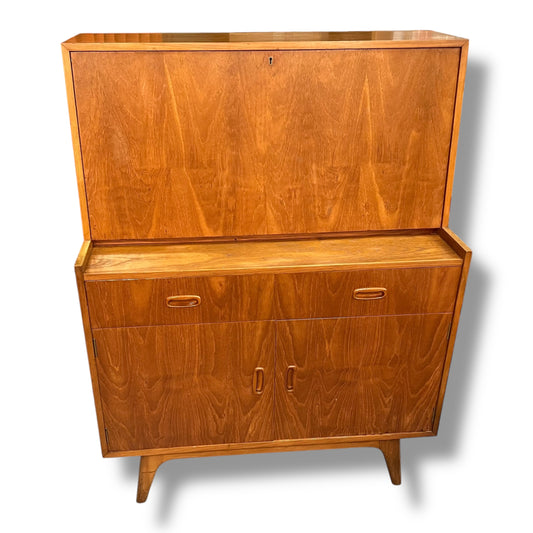 Mid-Century Teak Veneer Bureau Writing Desk & Bar Cabinet by Noblett Furniture