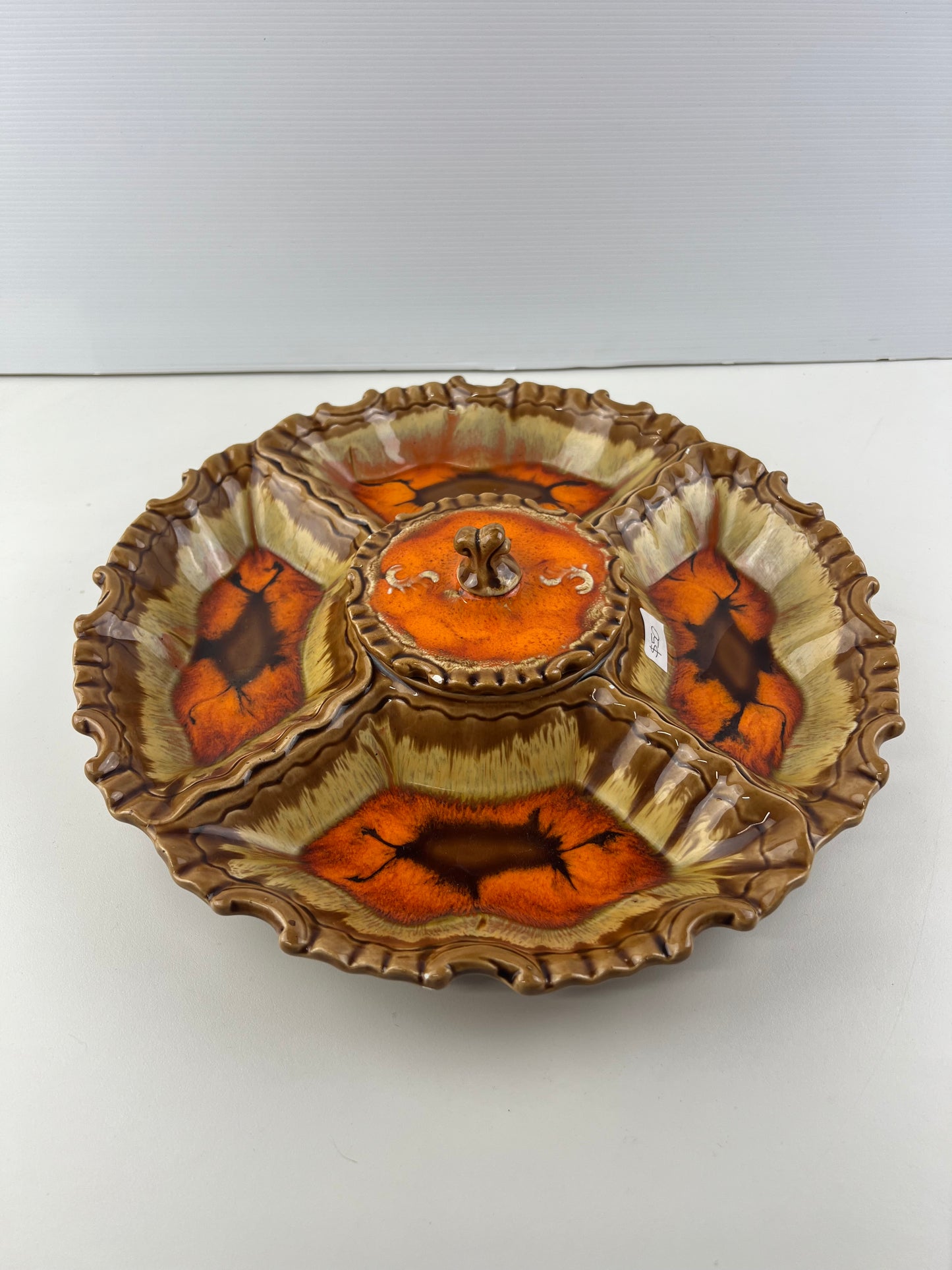 Ceramic Divided Serving Platter with Lidded Centre Bowl – Orange & Brown