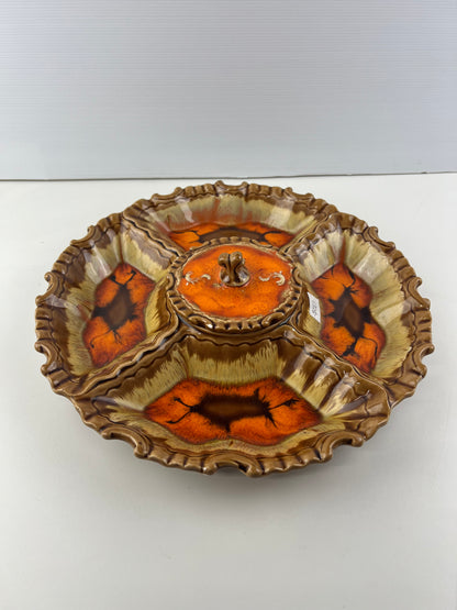 Ceramic Divided Serving Platter with Lidded Centre Bowl – Orange & Brown