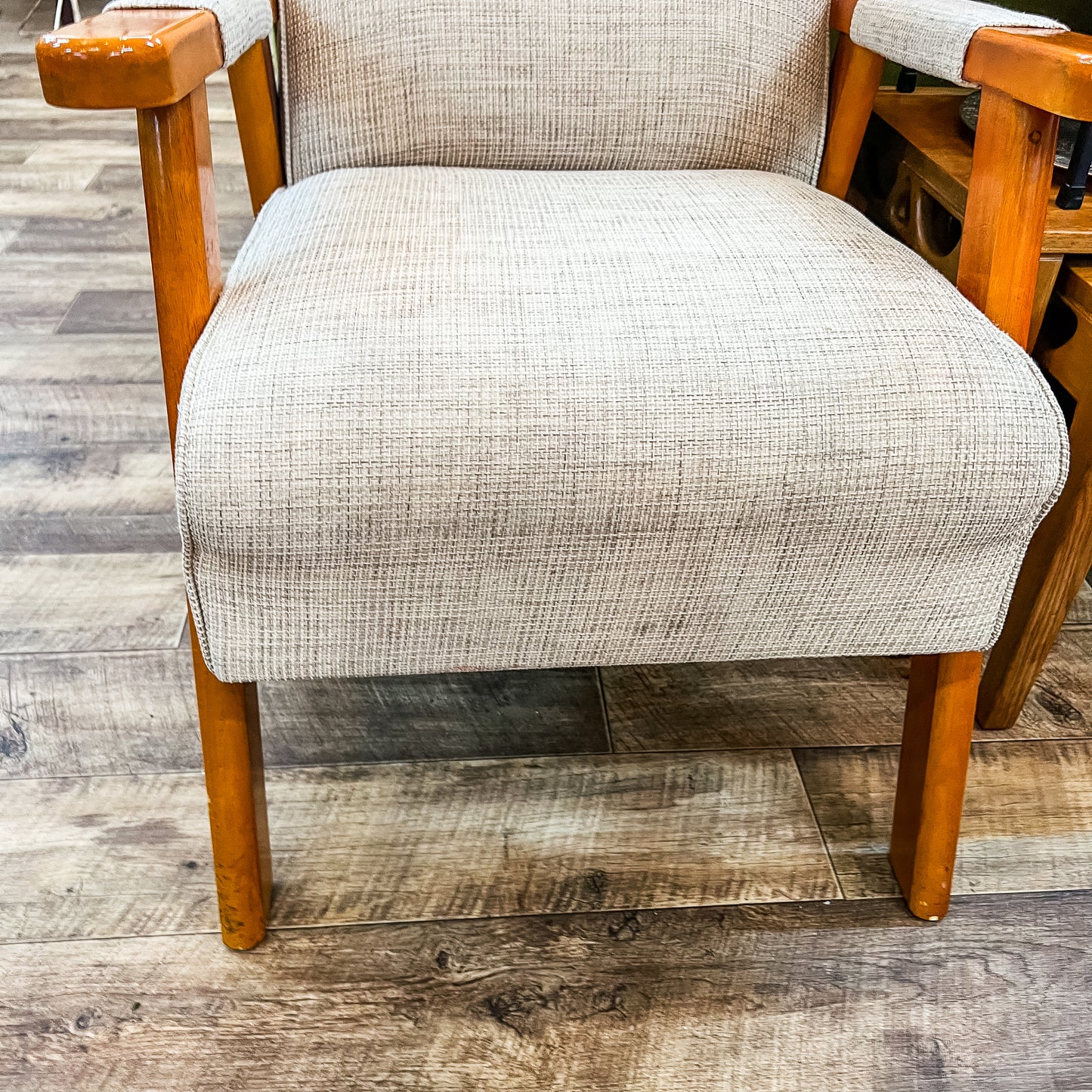 Mid-Century Armchair – Timber Frame with light grey and white woven Upholstery
