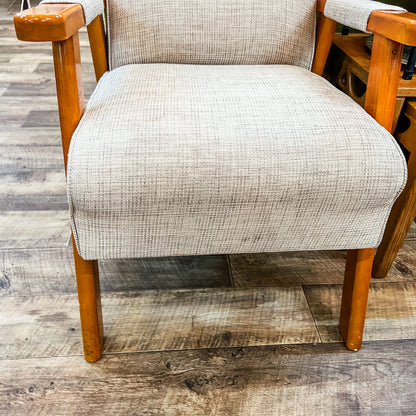 Mid-Century Armchair – Timber Frame with light grey and white woven Upholstery