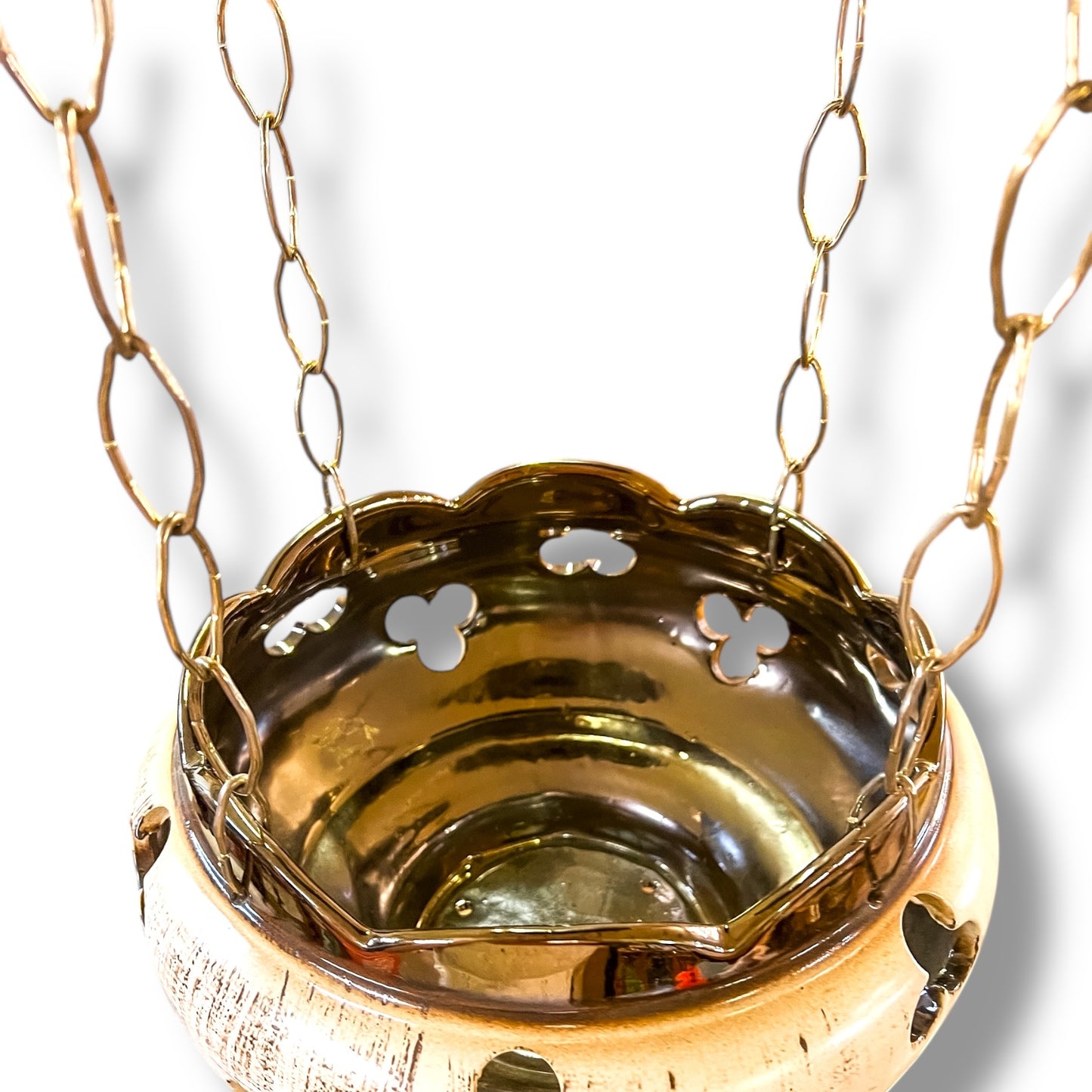 Mid-Century Hanging Planter Light by Aust Skills Co. (Model PL207) — Ceramic & Brass Double-Tier Pendant