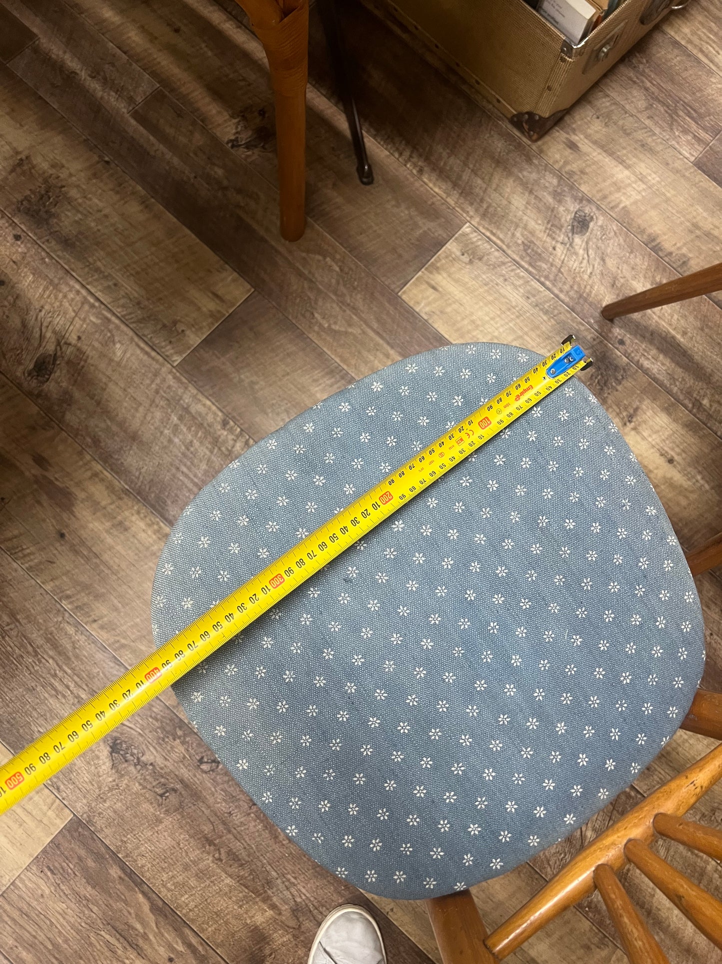 Pair of Timber Dining Chairs with Blue Patterned Upholstered Seats