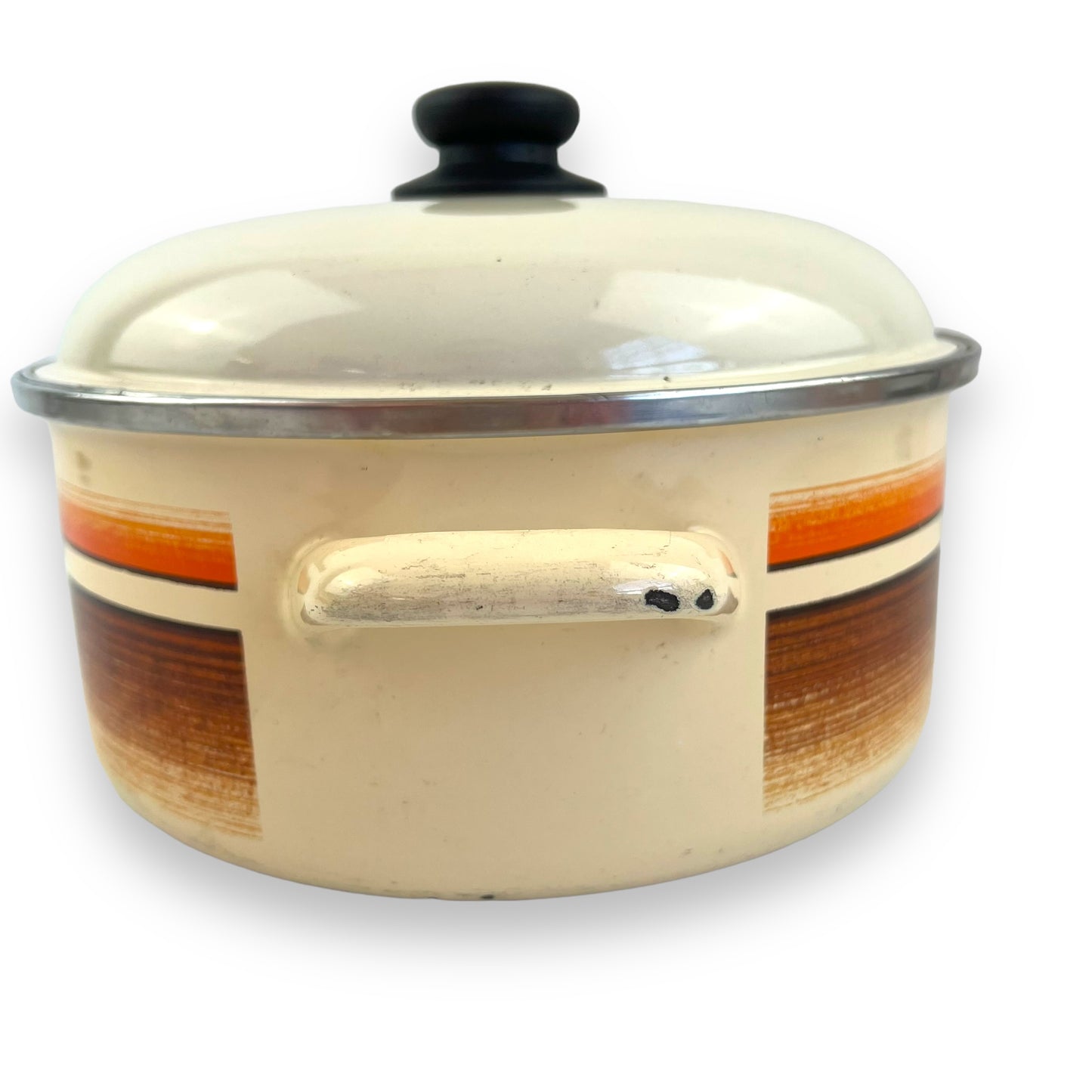Orange and brown stripe cream coloured enamel cooking pot large