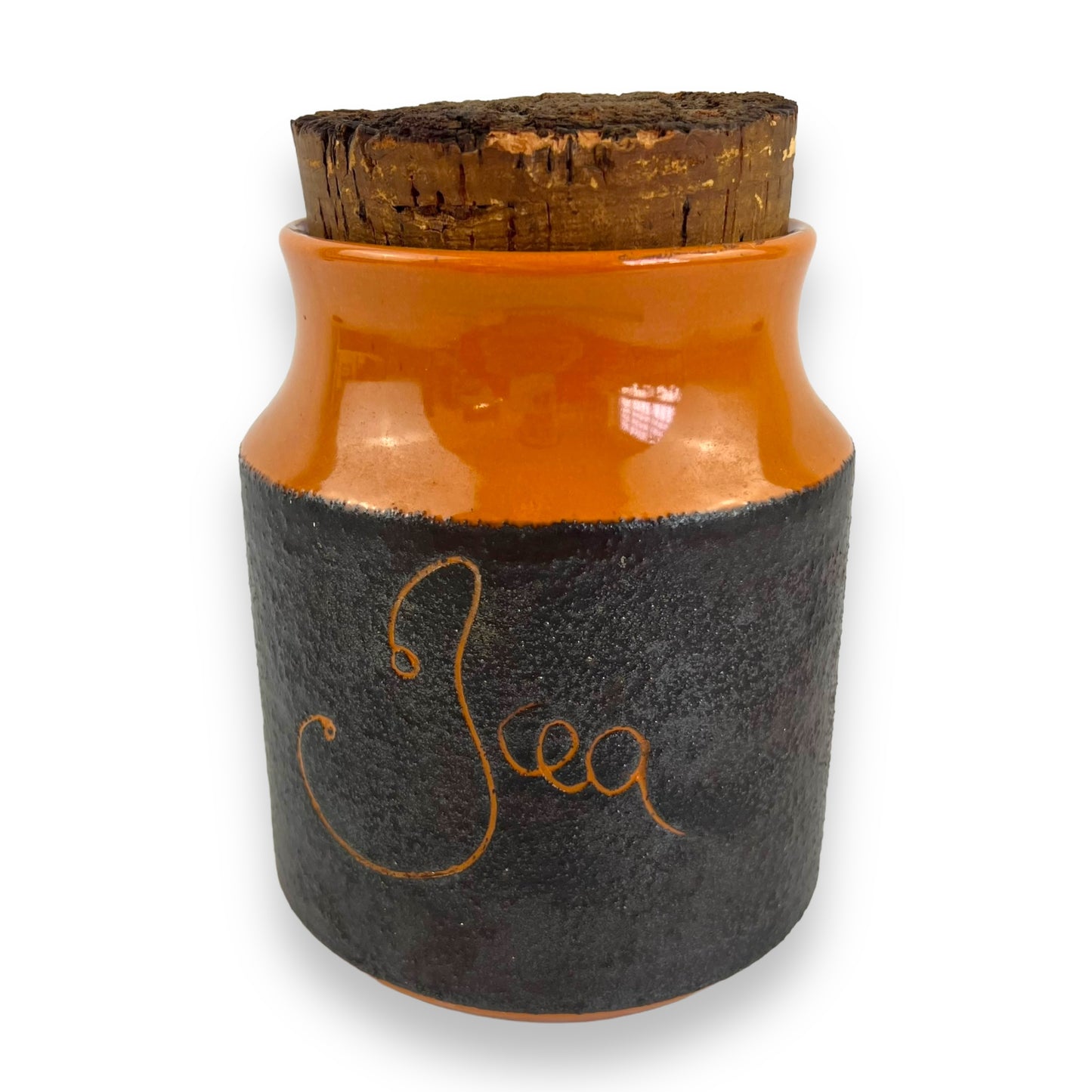 Hanstan Pottery “Tea” Canister Orange & Brown with Cork Lid