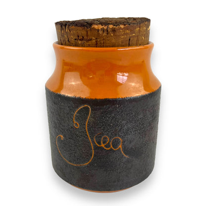 Hanstan Pottery “Tea” Canister Orange & Brown with Cork Lid