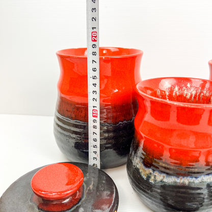 Mid Century Redish Orange & Black Glazed Kitchen Storage Jar Canisters with matching lids