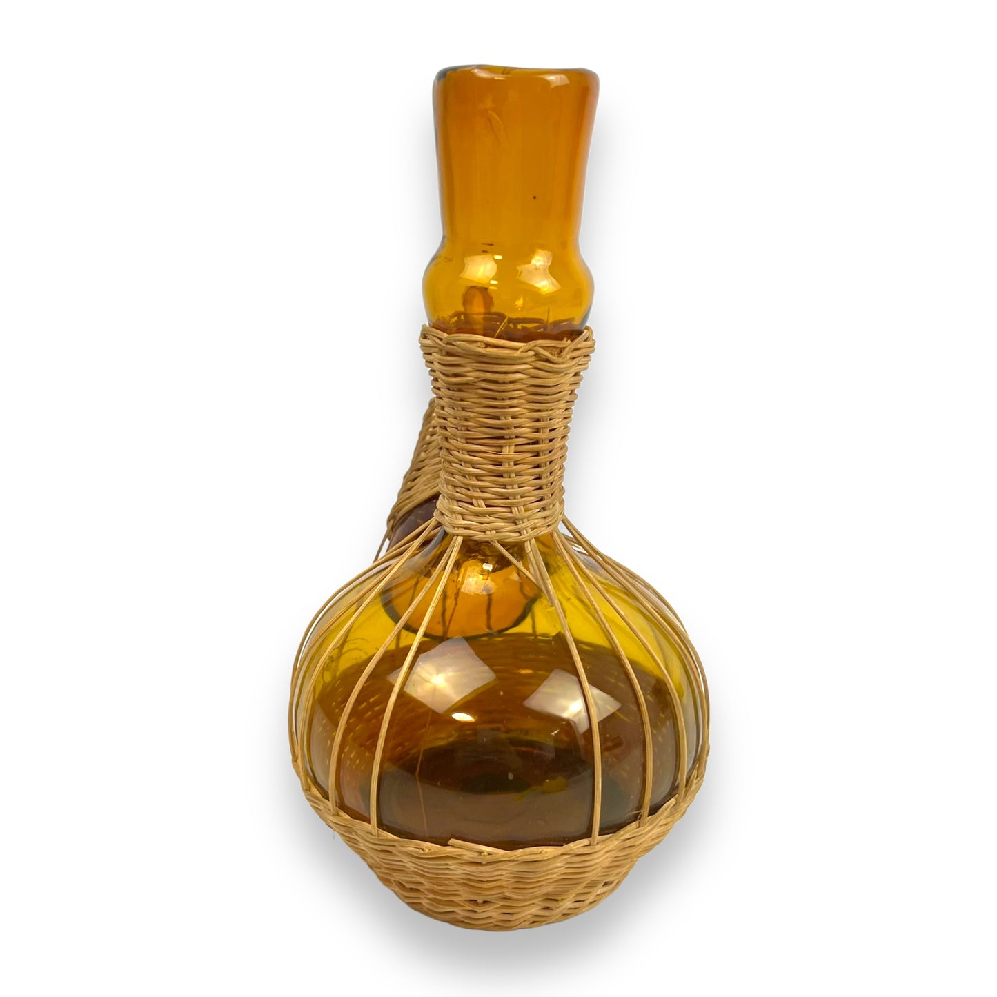 Vintage 1950s Amber Glass Woven Rattan Porron Spanish Decanter - Missing Stopper