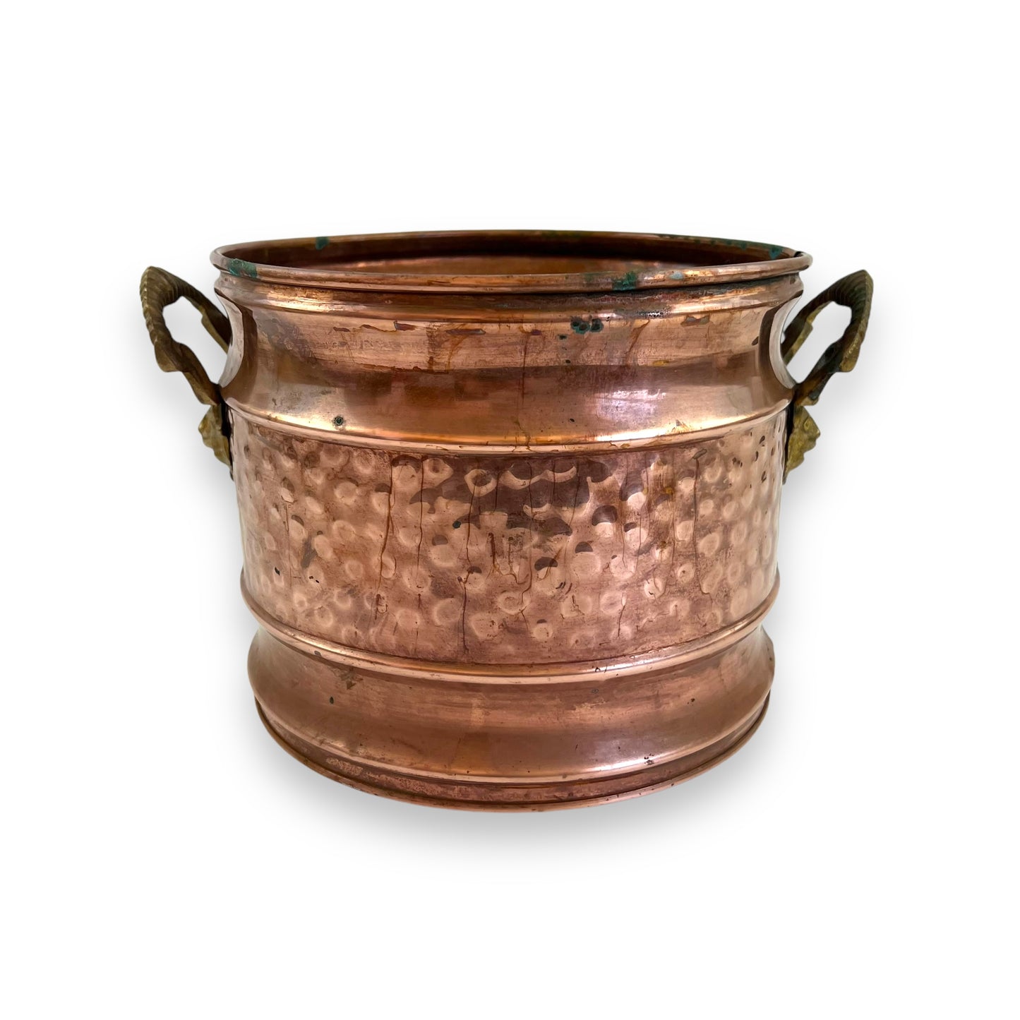 Large Vintage Hammered Copper Pot with Brass Lion head Handles