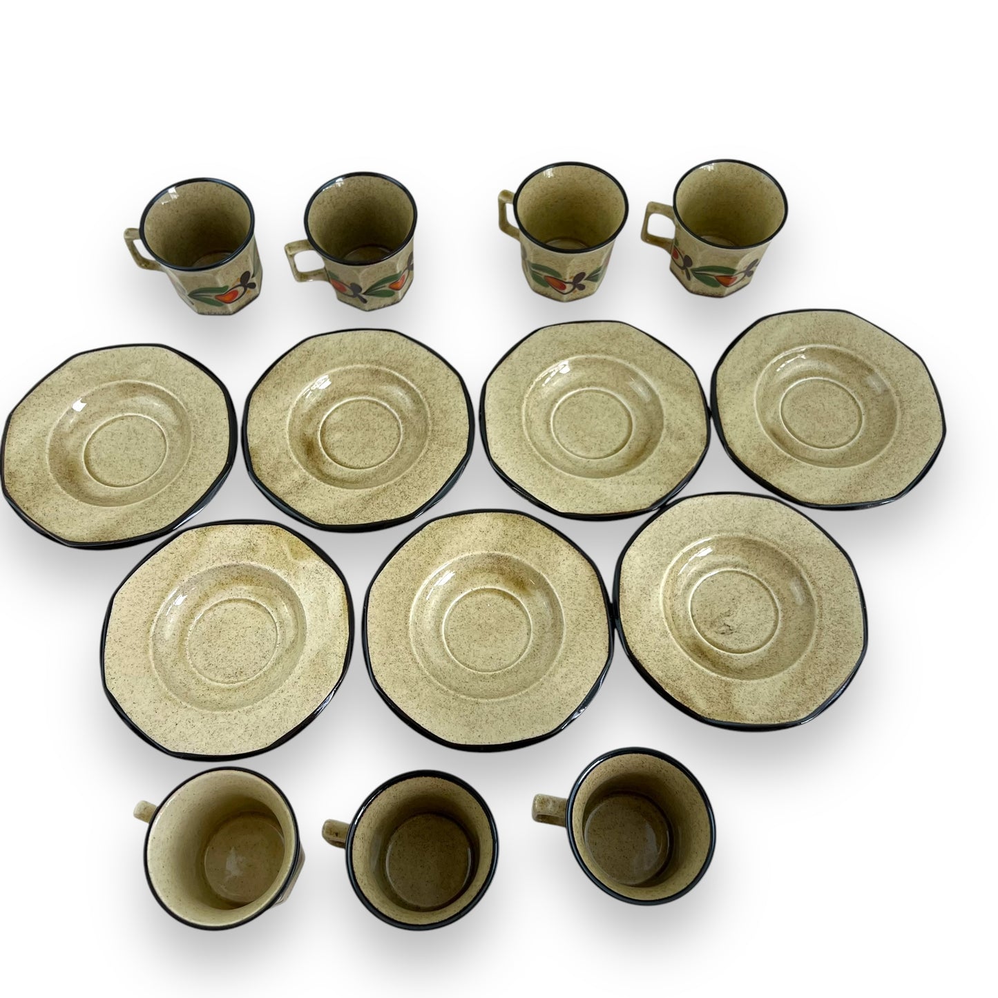Italian Pottery Tea Set - 7 Cups and Saucers with Hand-Painted Fruit Design