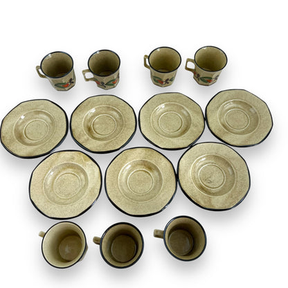 Italian Pottery Tea Set - 7 Cups and Saucers with Hand-Painted Fruit Design