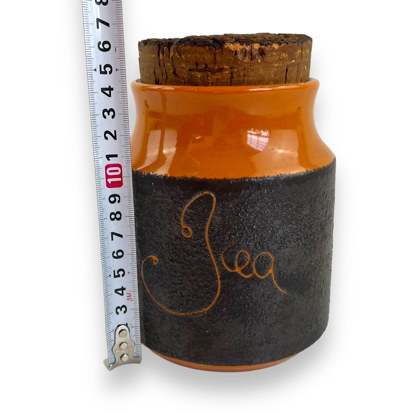 Hanstan Pottery “Tea” Canister Orange & Brown with Cork Lid