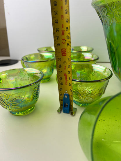 Green Carnival Glass Punch Bowl Set – 12 Cups, Ladle & Hooks