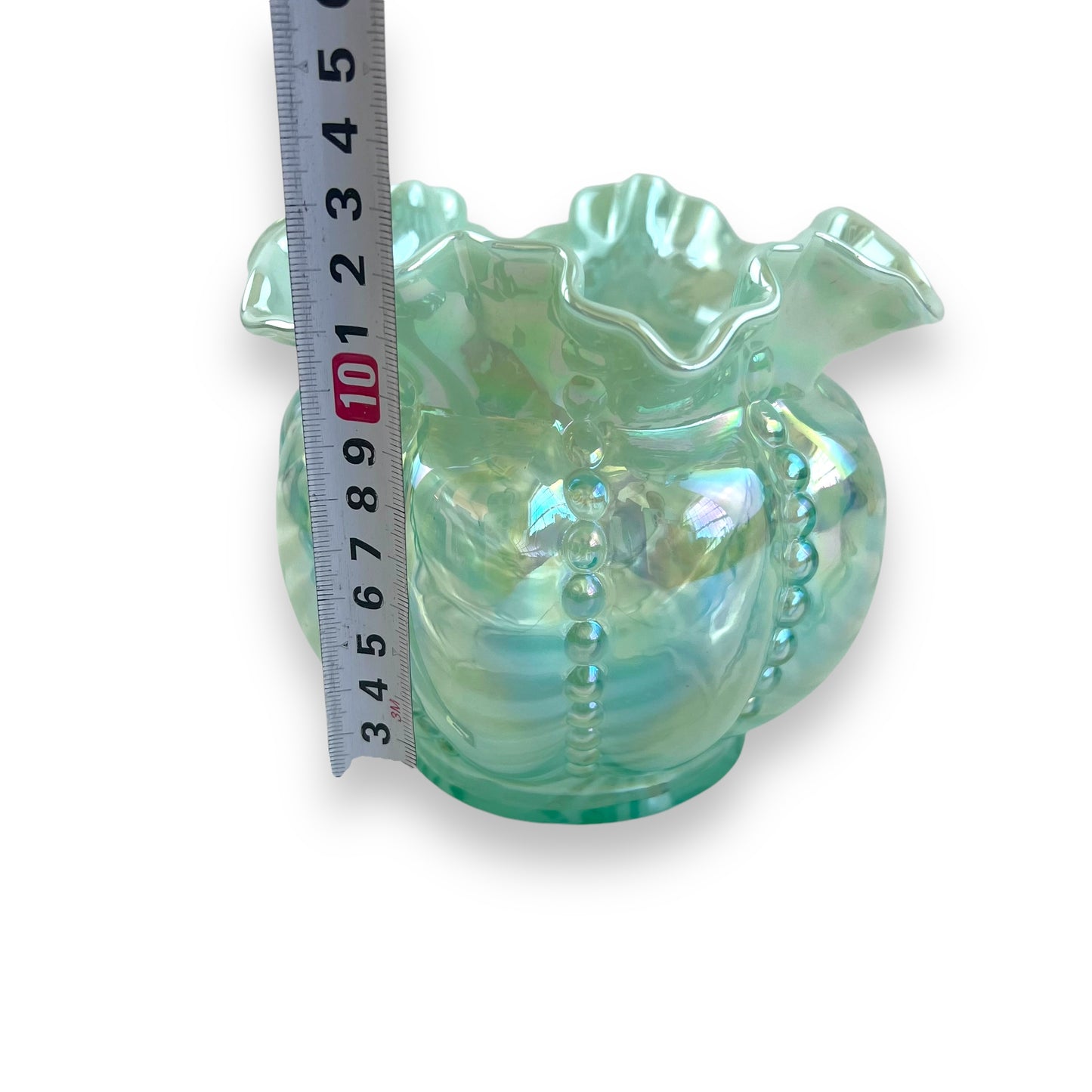 Fenton Opalescent Optic Sea Mist Green Beaded Melon Vase - Iridescent Ruffled Edge