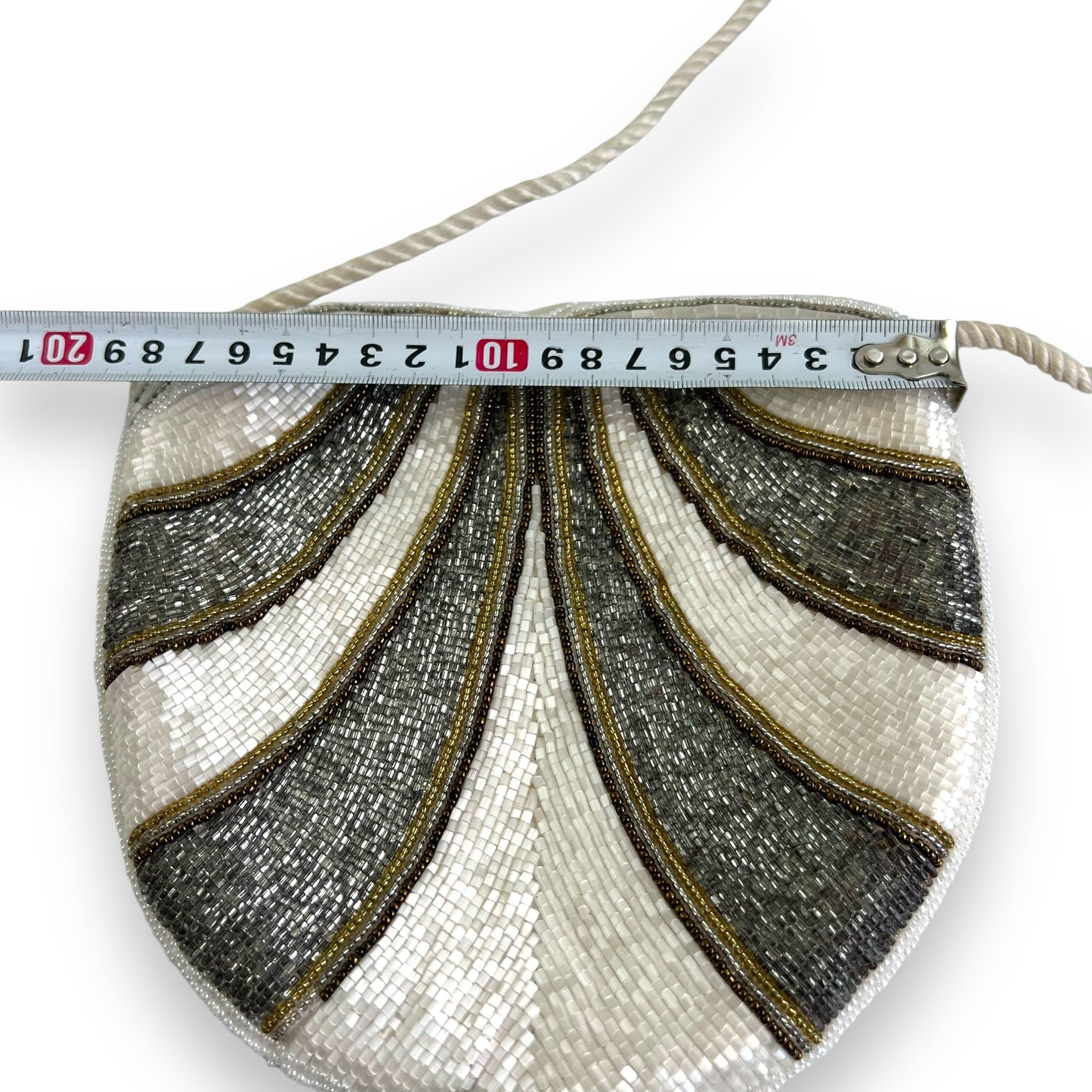 Silver, white & Gold Beaded evening Bag with white cord should strap