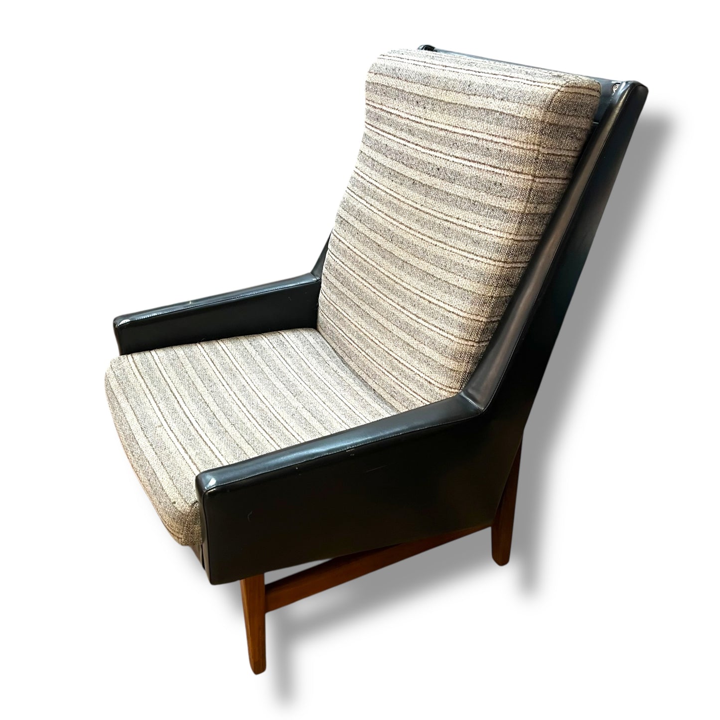 Fler ‘Flerclub’ High Back Armchair – Mid-Century Modern, Vinyl & Striped Fabric, Teak Base