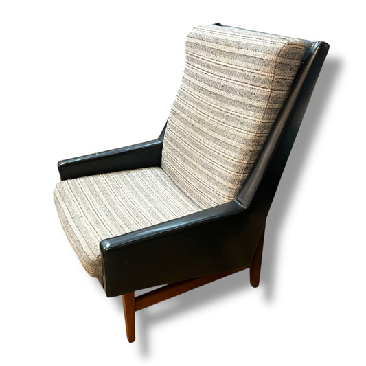 Fler ‘Flerclub’ High Back Armchair – Mid-Century Modern, Vinyl & Striped Fabric, Teak Base