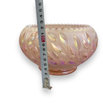 Fenton Pink Iridescent Glass Bowl - Ombré Floral & Leaf Design with Button Edge