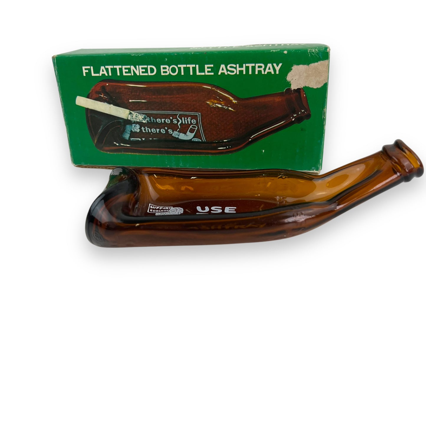 Flattened Bottle Ashtray – 1970s Brown Glass with Original Box
