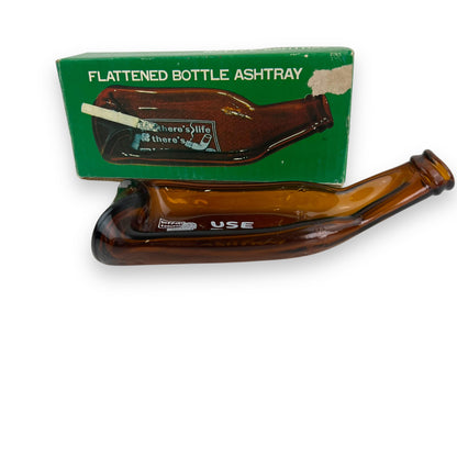 Flattened Bottle Ashtray – 1970s Brown Glass with Original Box
