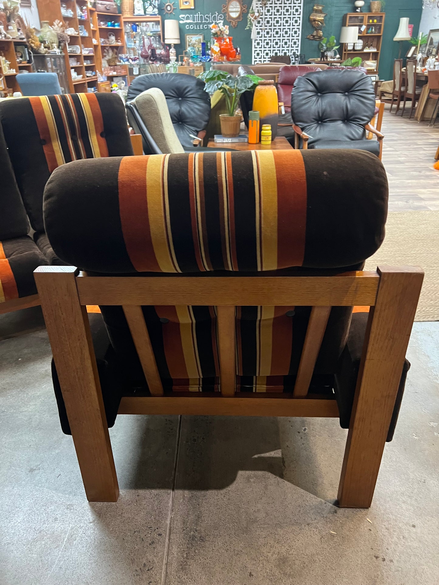 #1 Danish Deluxe Armchair – Original Brown, Orange & Gold Striped Upholstery
