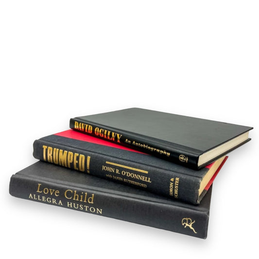 Hard cover black coffee table / styling books: Love Child, Trumped & David Ogilvy