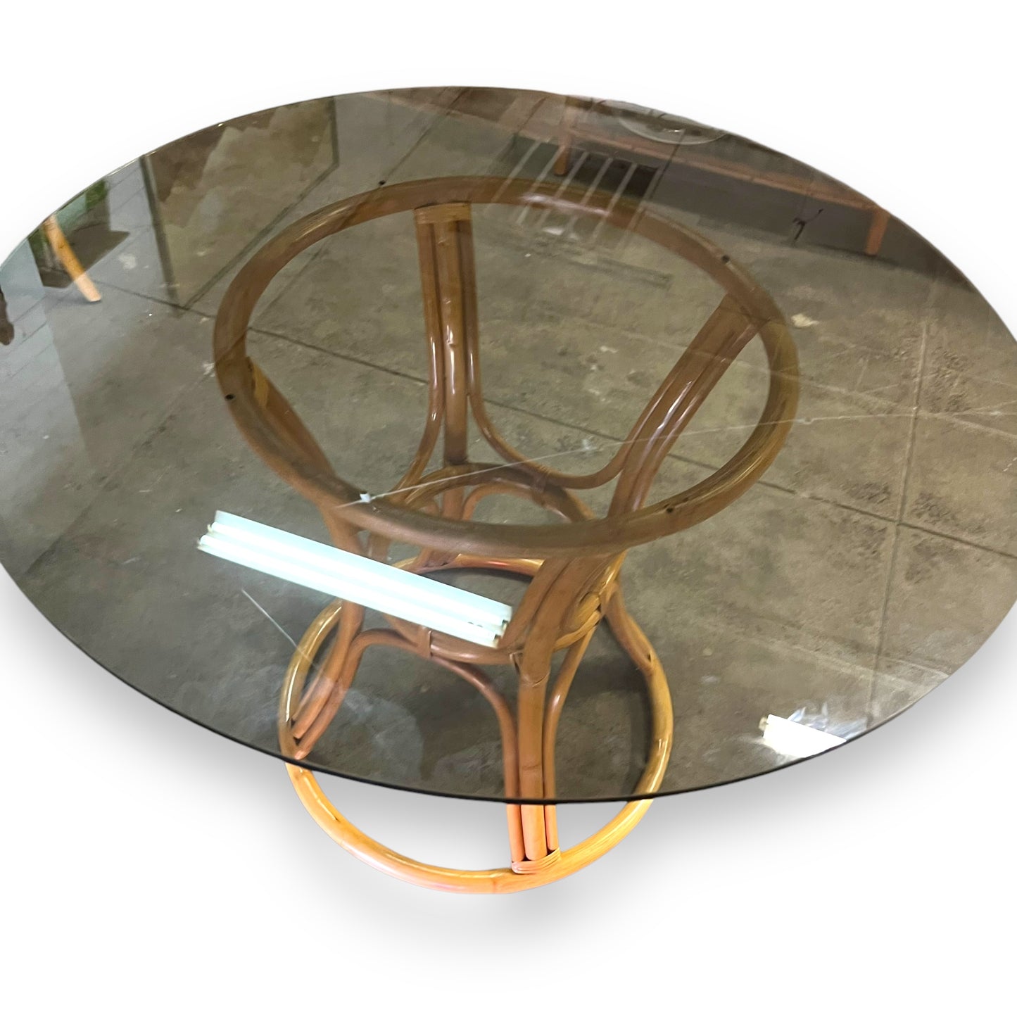 Cane Dining Table with Black Glass Round Top
