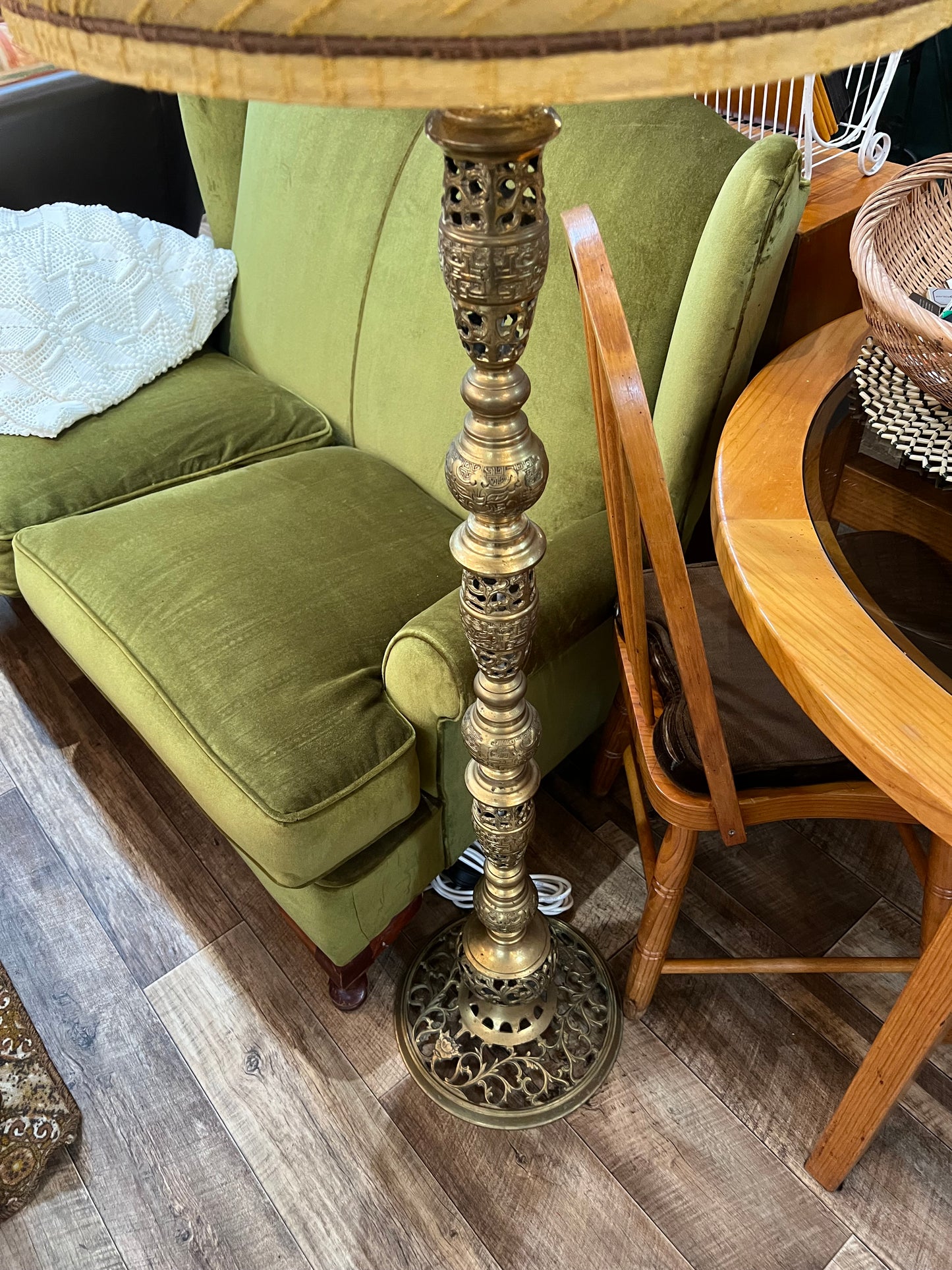 Ornate Brass Floor Lamp with Original Mustard Shade