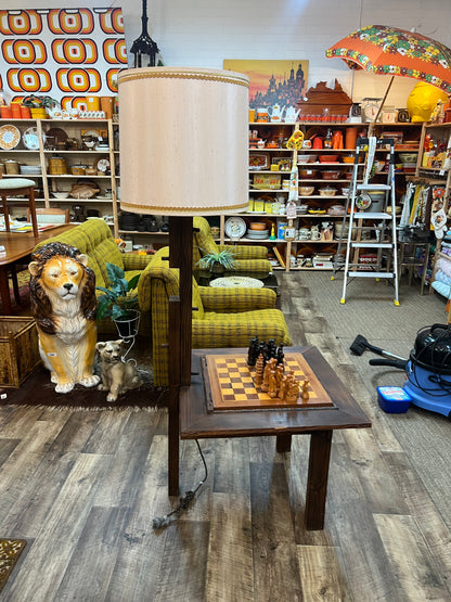 Timber Chess / Games Coffee Table with Hidden Storage Compartment & Lamp