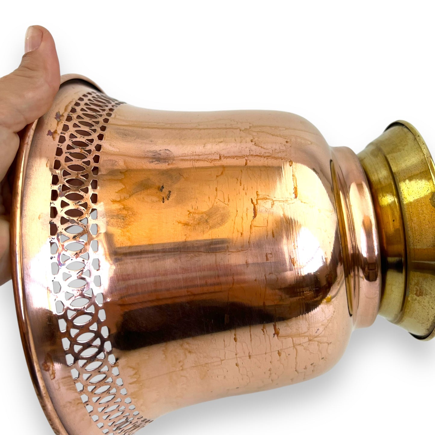 Copper Vase / Plant Pot with Intricate Cutout Design and Brass Base