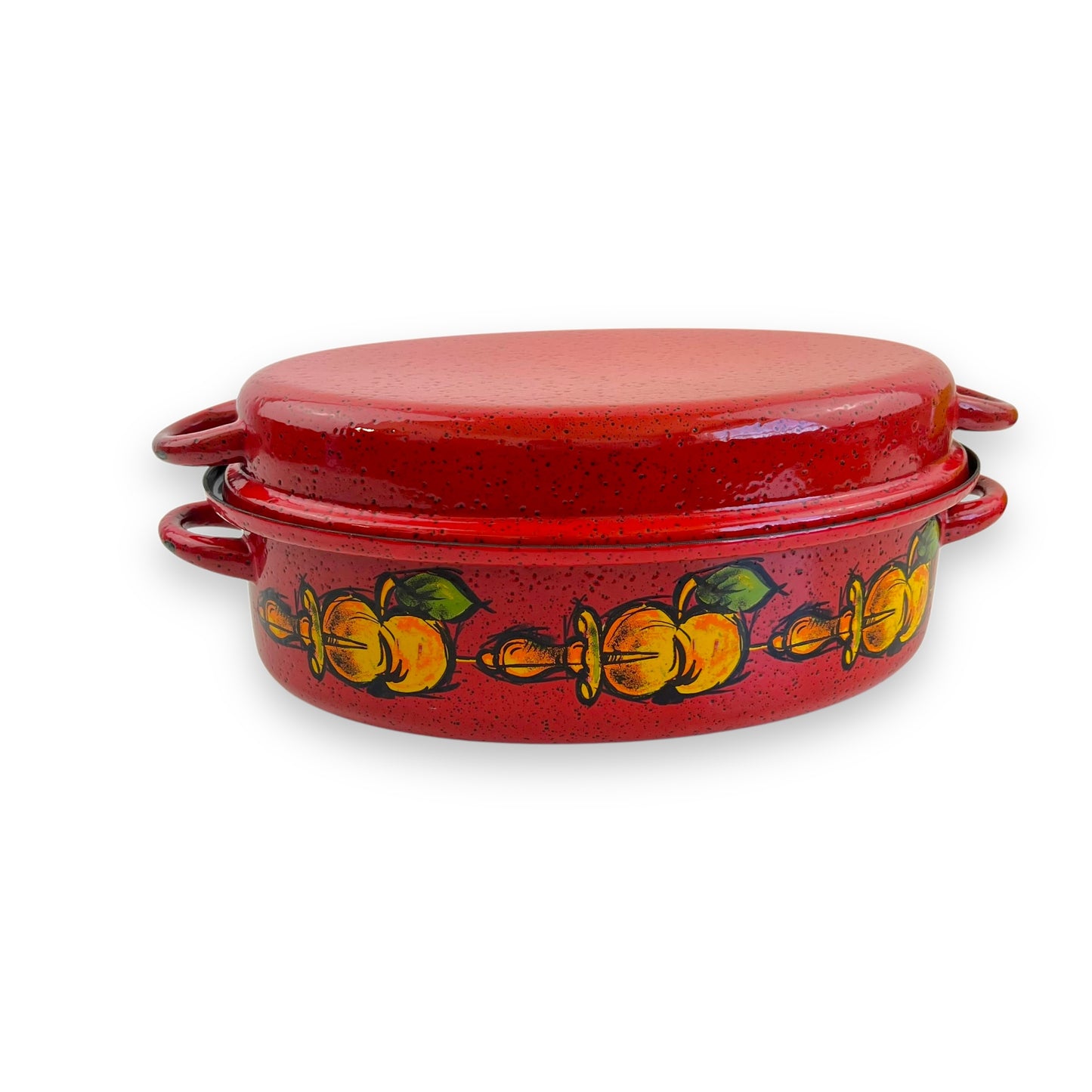 Red Enamelware Dutch Oven – Hand-Painted Fruit Motif, Two-Piece Roasting Pan