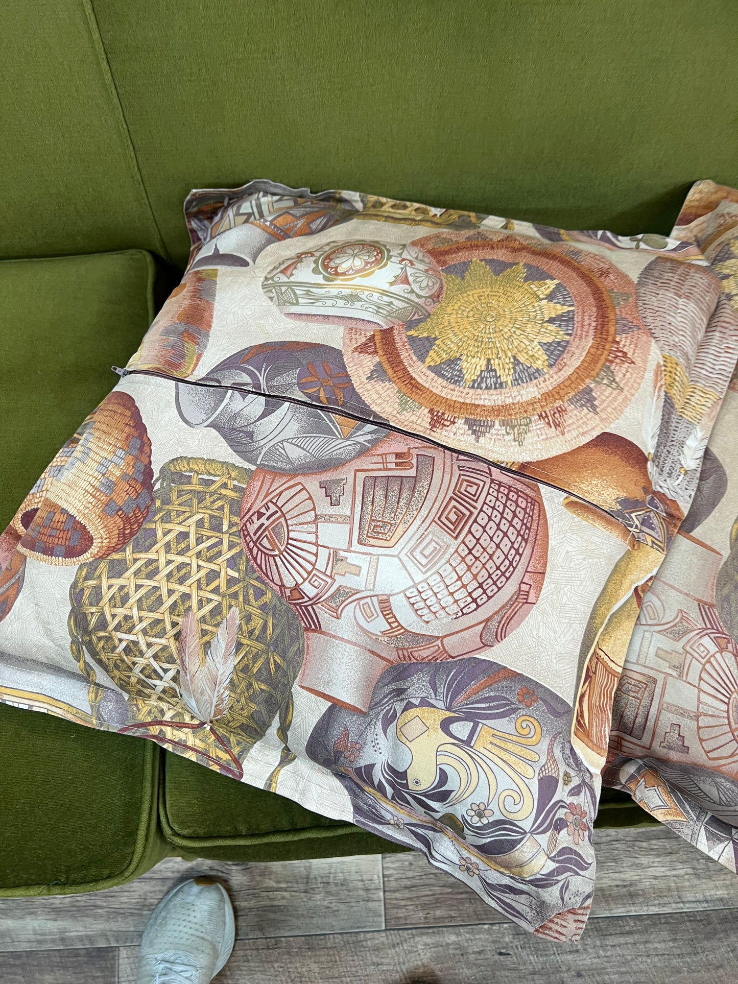 Pair of throw cushions vintage vase patterned fabric