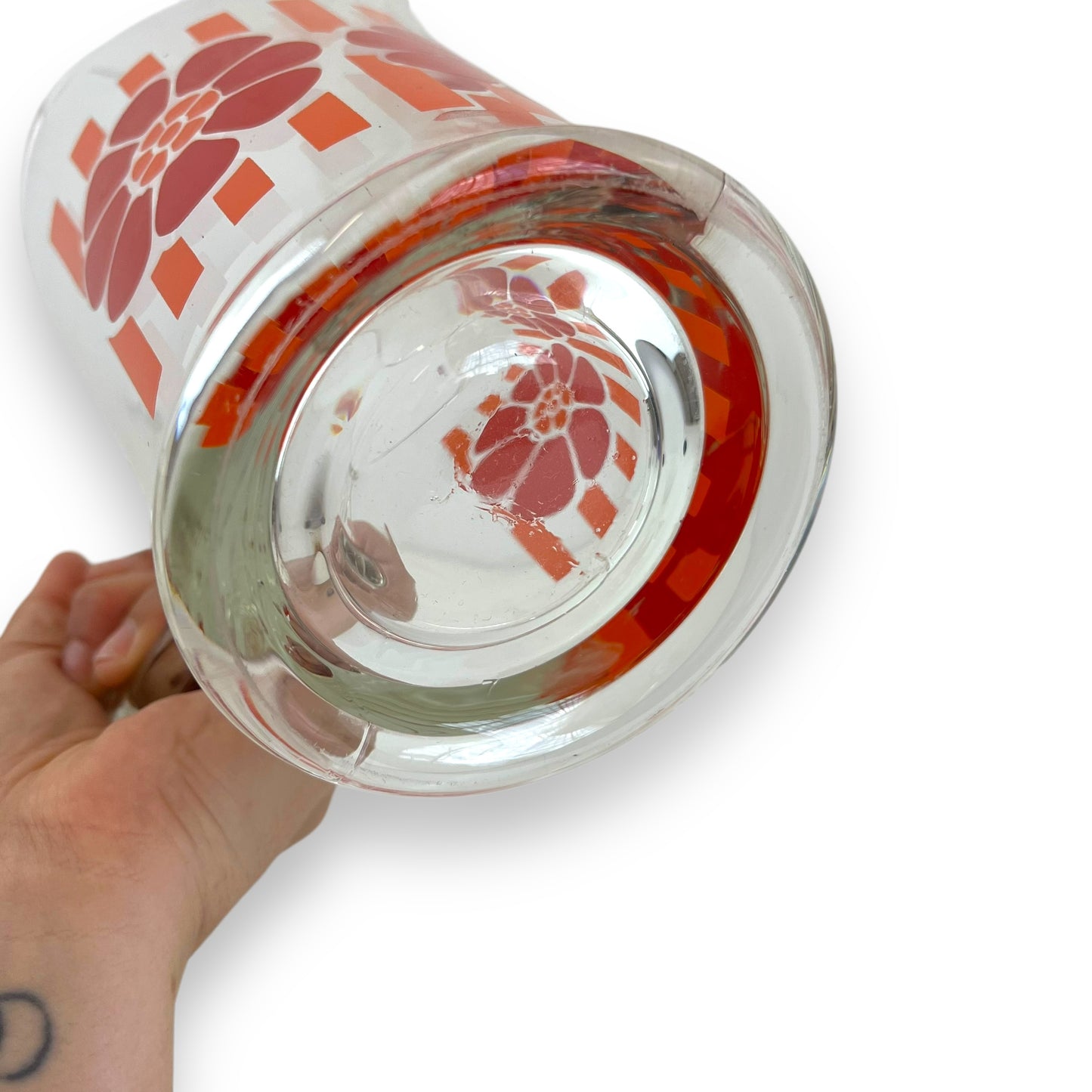 Glass Jug with Orange Stripes & Red Flower Decal – Retro 1970s Pitcher
