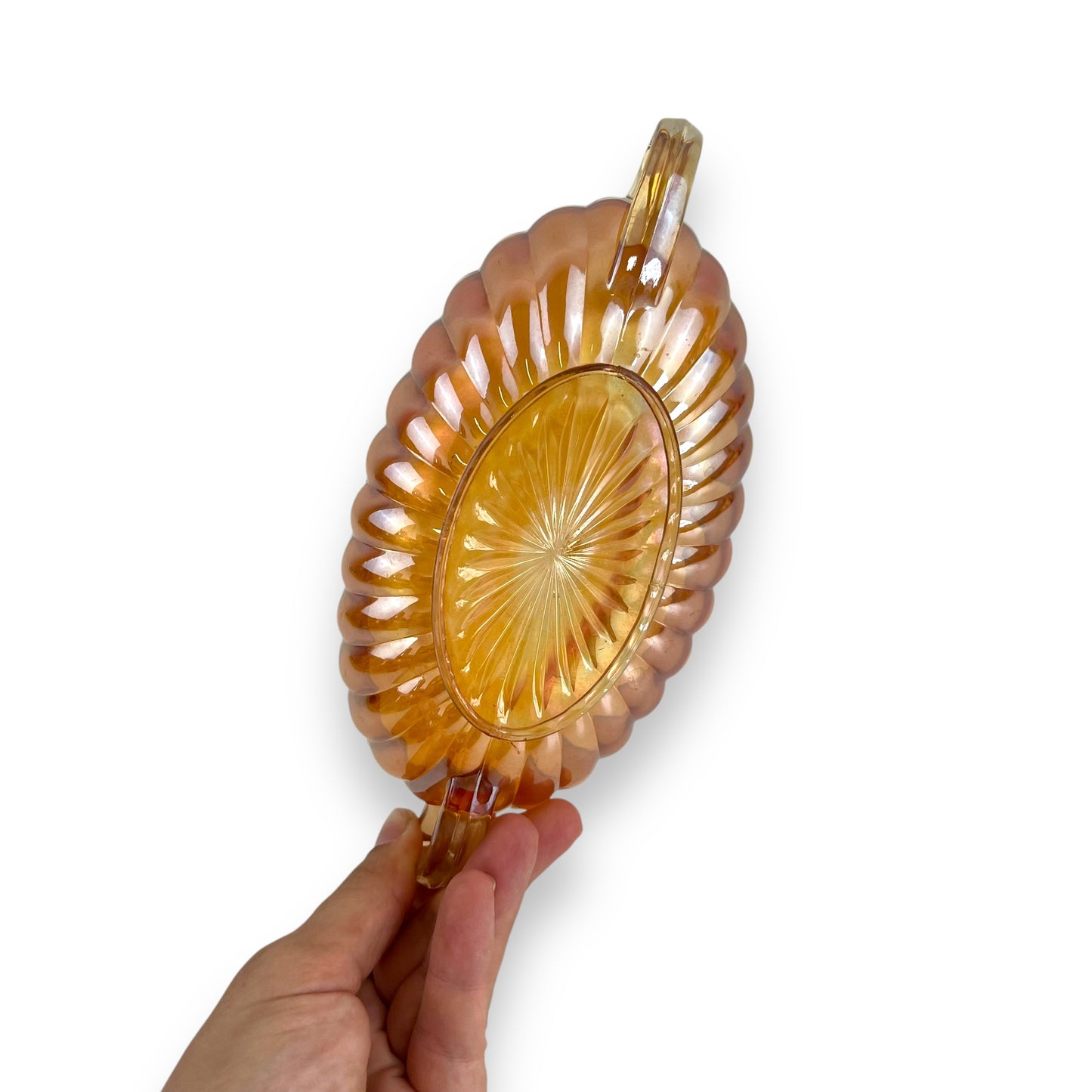 Carnival Glass, twin-handled oval dish in the "Marigold" color